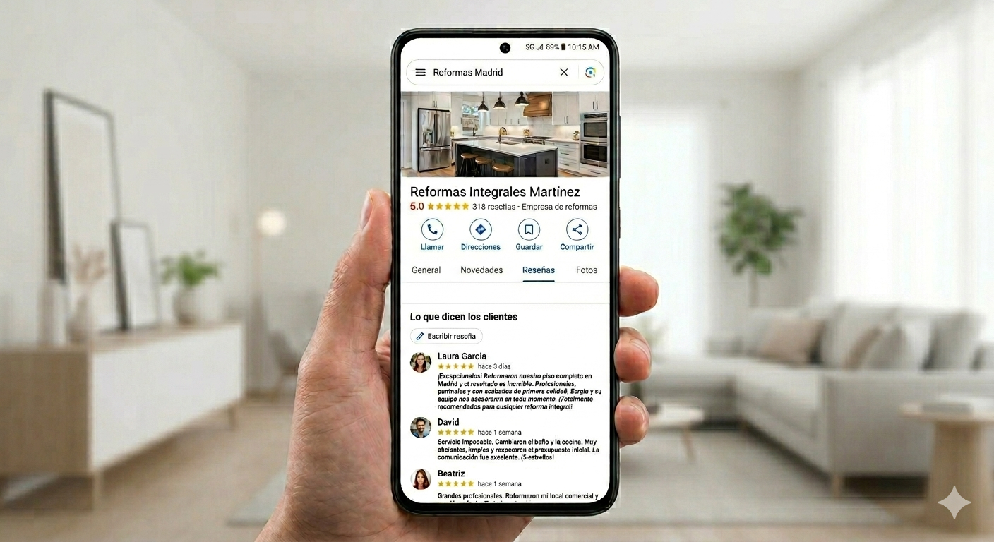 Captura ficha empresa Google Imagen generada por IA de un smartphone mostrando una ficha ficticia de una empresa de reformas en Google Maps con valoraciones de clientes.