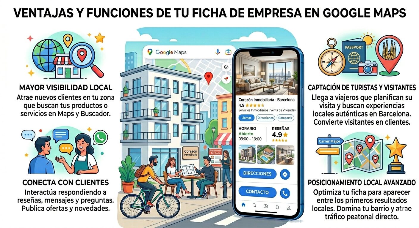 Ventajas ficha empresa Infografía sobre las ventajas de una ficha de empresa en Google Maps, con ilustraciones de visibilidad local, interacción con clientes, captación de visitantes y posicionamiento.